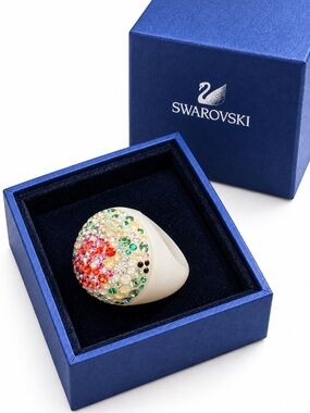 SWAROVSKI Opaline White Cocktail Ring with Green/Red Crystals.Pristine Condition